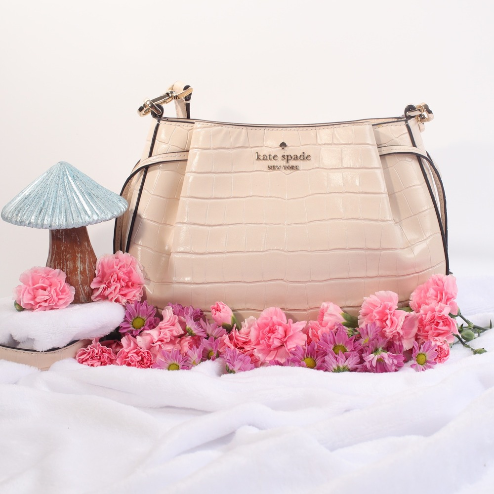 Kate Spade New York Cream Croc Embossed Leather Crossbody Bag Gold Hardware